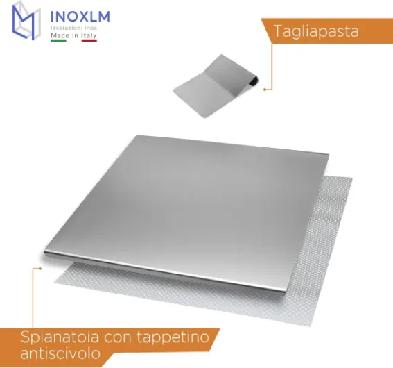 INOXLM BOX 1 Planche à découper en Acier Inoxydable e 1 Spatule – Plan de Travail pour Pâtes, Pizza, Cuisine, Bar, Restaurant - (50 x 50 x plis 2 cm) 50x50 Piega 2 cm