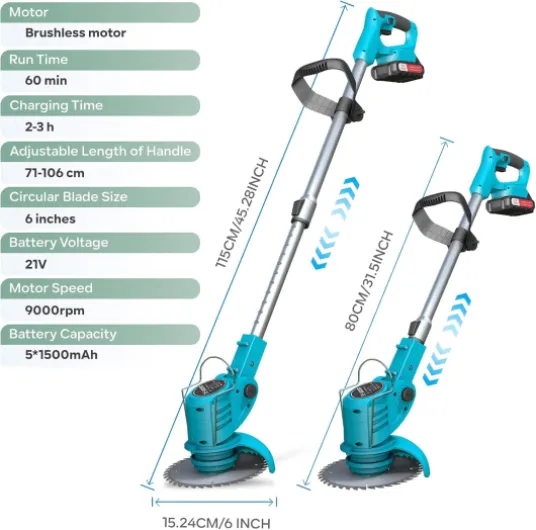 Débroussailleuse Electrique sans Fil, Debrouissalleuses Batterie 800W, Coupe Bordure sans Fil avec 2 x 21V Batterie, 9000 TR/Min, Poignée Télescopique 71-106 cm, 4 Types De Lames, pour Jardin