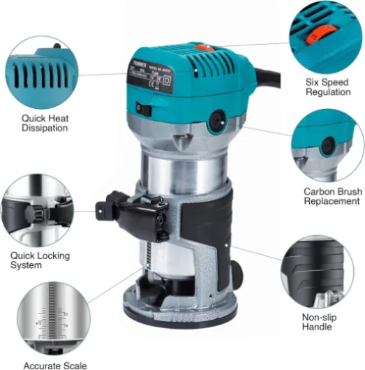 Affleureuse Défonceuse Trimmer Router Fraiseuse Électrique Outil à Bois 710W Pince 8mm 6.35mm + Coffret de 15 Fraises à défoncer Queue de 1/4" pour Travail du bois