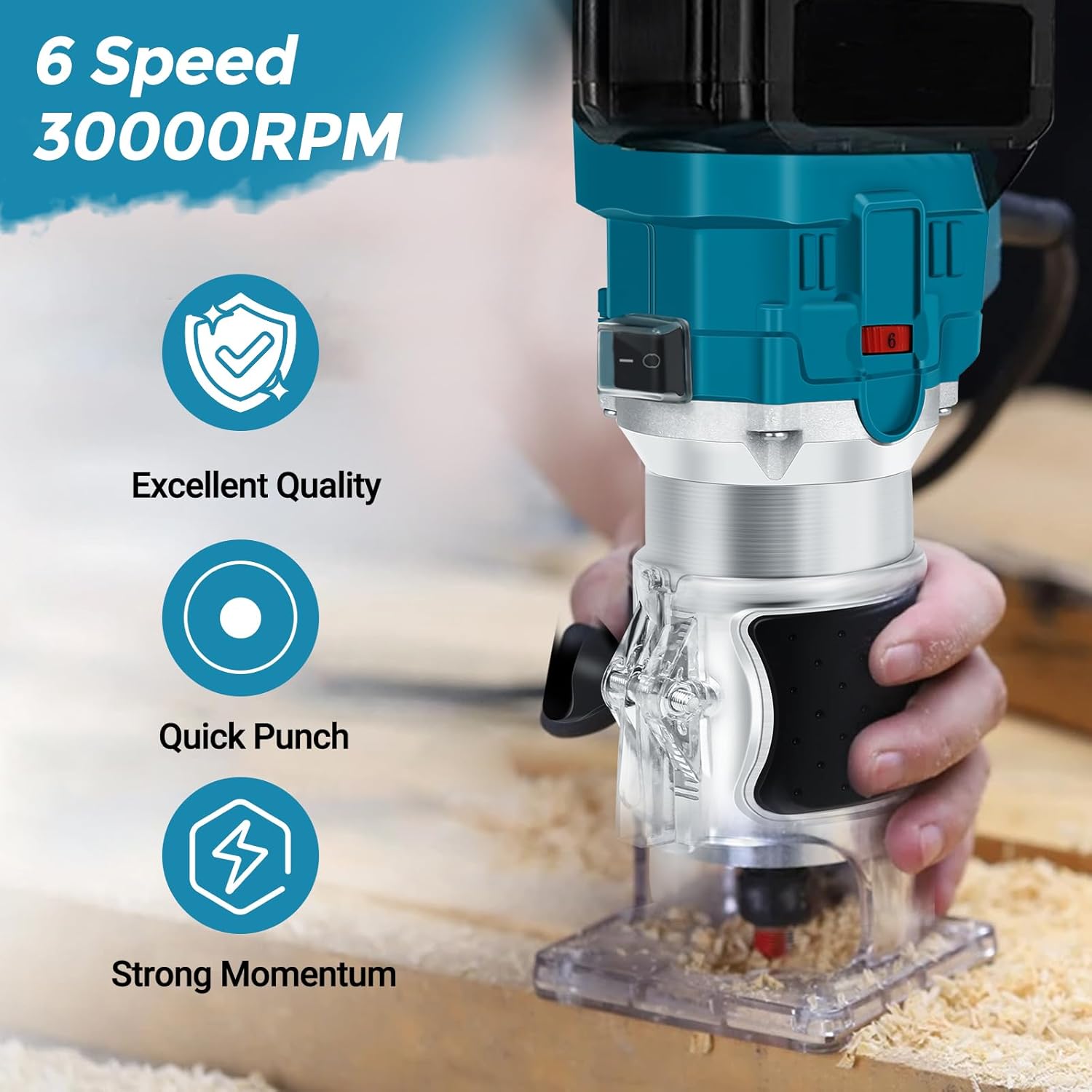 Bois Défonceuse Affleureuse pour Makita 18V Batterie, Routeur à Bois Électrique sans fil 30000r/min avec 15pcs 1/4" Pinces Bits Affleureuse à Bois Électrique Verticale