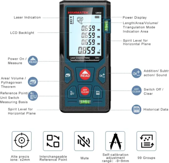 Télémètre Laser Numérique,HANMATEK LM50 50m Mètre Laser numérique,Mesure du théorème de Longueur/Zone/Volume/Théorème de Pythagore avec Rétroéclairage LCD, IP54 LM50 (50M)