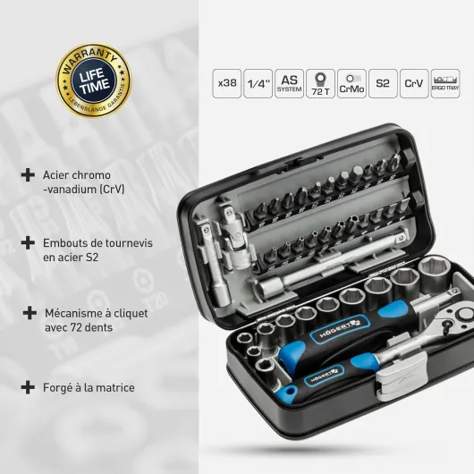 Högert HT1R462 Coffret à outils Jeu de douilles tournevis à cliquet Noir/bleu 1/4" 38 pièces