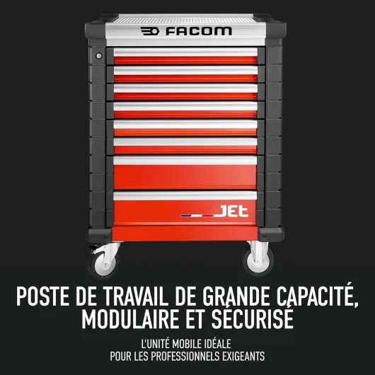Servante Roulante, 8 Tiroirs, 24 Modules, Plan de Travail XL, avec Serrure Centrale, JET.8M3A 8 Tiroirs Rouge 3 Modules