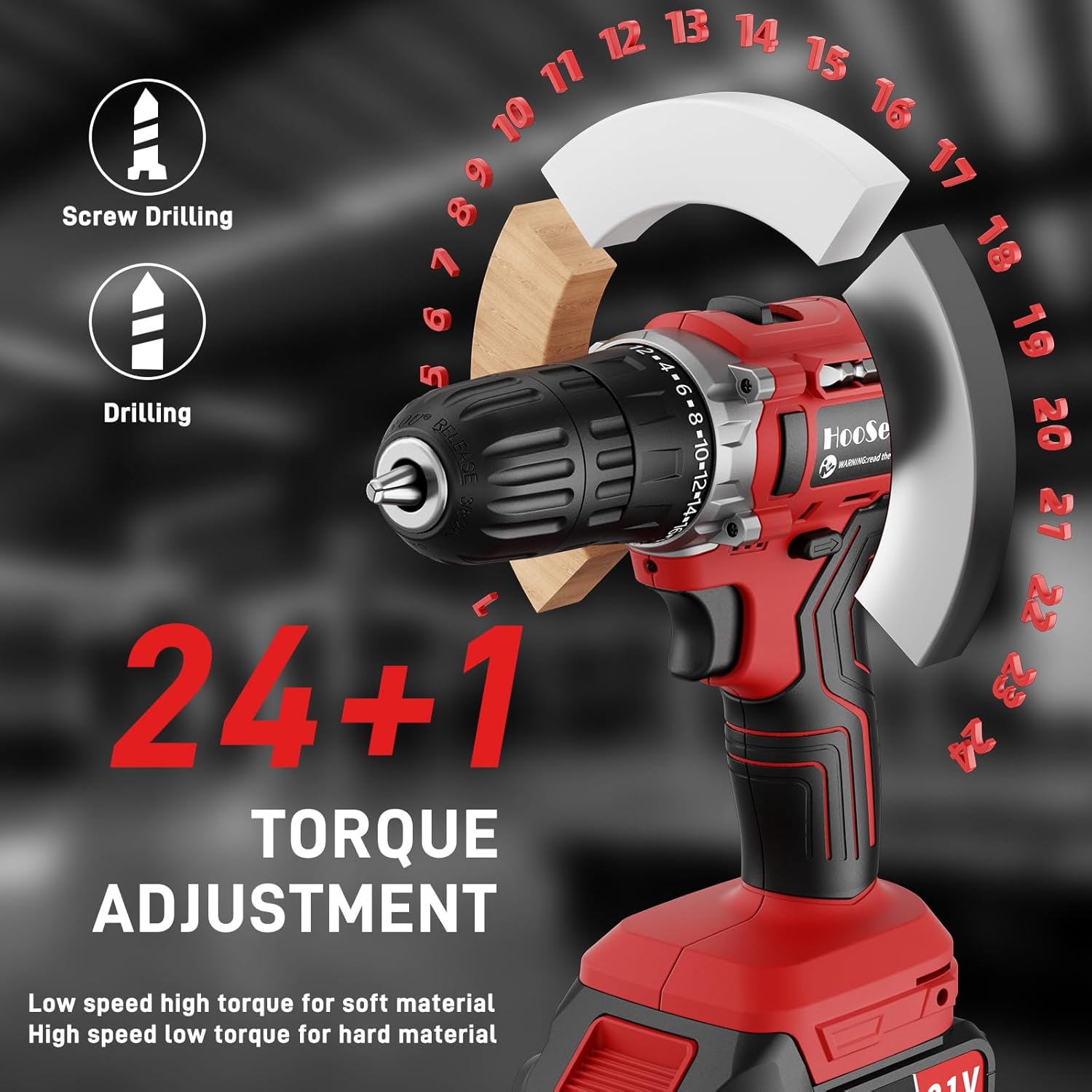 Perceuse Visseuse Devisseuse Sans Fil 21V,25 Accessoires, niveau de couple 24 + 1, 2 vitesses et LED, pince de perçage 10mm pour réparation à domicile, travaux à domicile Rouge