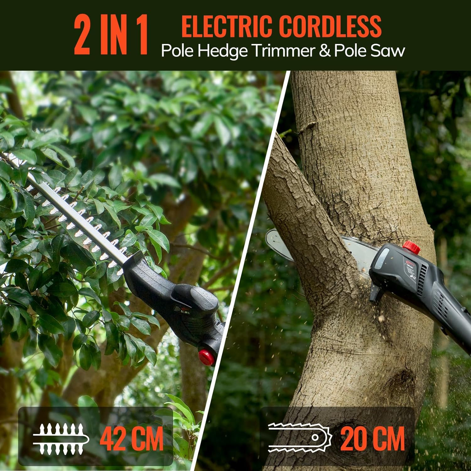 2-en-1 Élagueuse sur Perche et Taille-haie Électrique sans Fil, Tronçonneuse de 20cm, Batterie 4,0Ah, Double Lame de 42cm, Portée Max de 2,8m pour Jardins, Arbres et Arbustes Noir