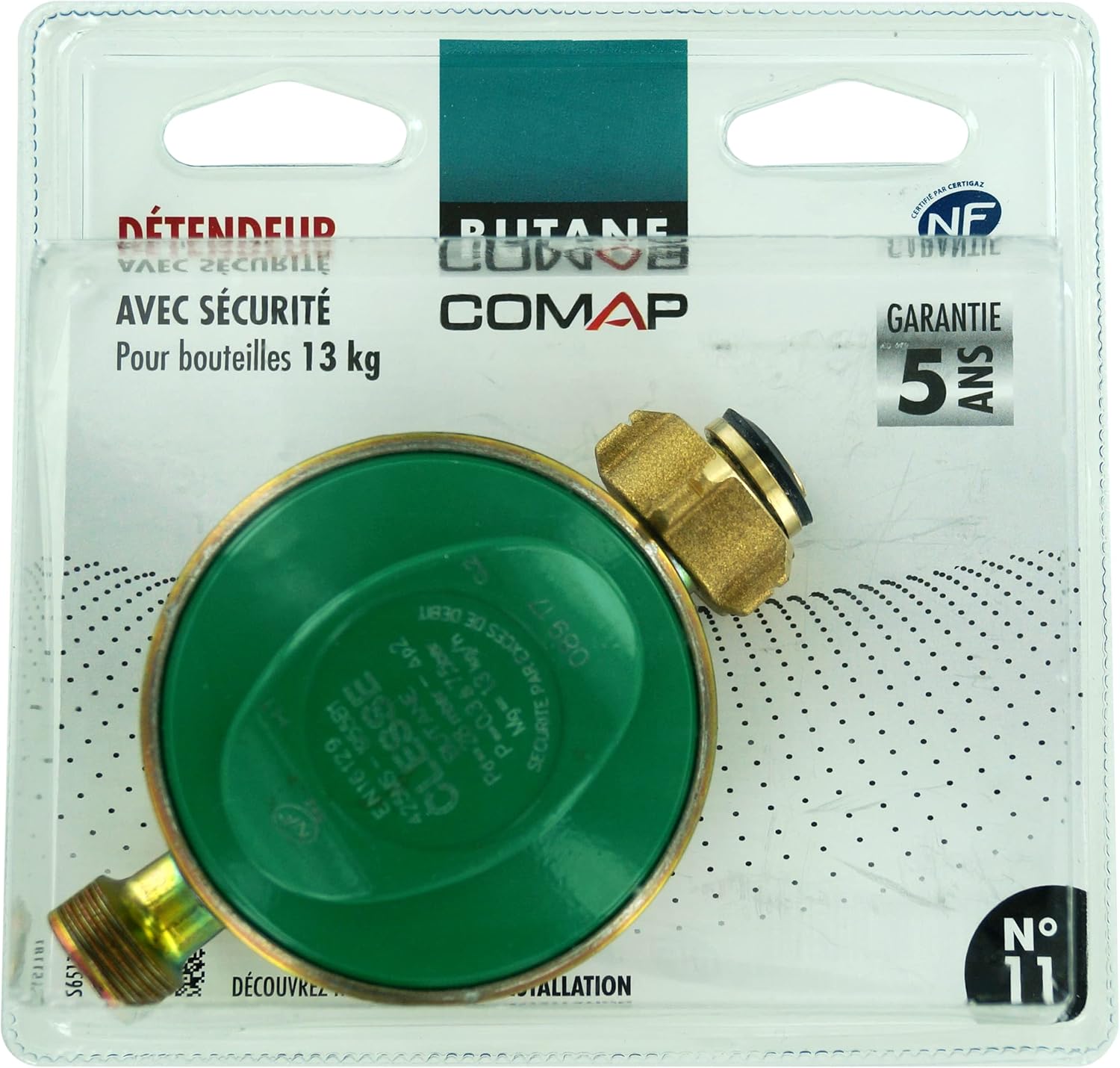 COMAP Détendeur gaz butane à sécurité fileté - NF 28 mbar - 1,3 kg/h - Bouteille butane 13 kg - Avec tétine - S651104