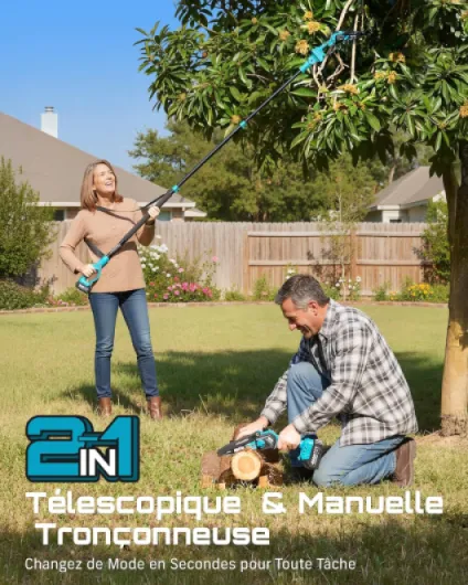2-in-1 Elagueuse sur Perche, Mini Tronçonneuse Brushless 6 Pouces avec 2 x 4000 mAh Batteries, Coupe Branche Telescopique, Portée 4,87 M, Idéal Extérieur & Jardinage 6 pouces 2-en-1