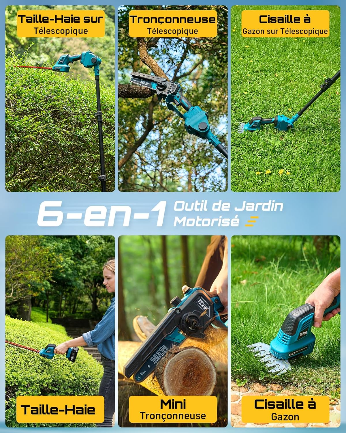 6-en-1 Mini Tronçonneuse & Taille-haie, avec 2 * 4000mAh Batteries, Tronconneuse Electrique à Perche Télescopique, Portée Maximale Jusqu'à 4,57m, à 30 ML Bouteille d'huile 6 pouces 6-IN-1