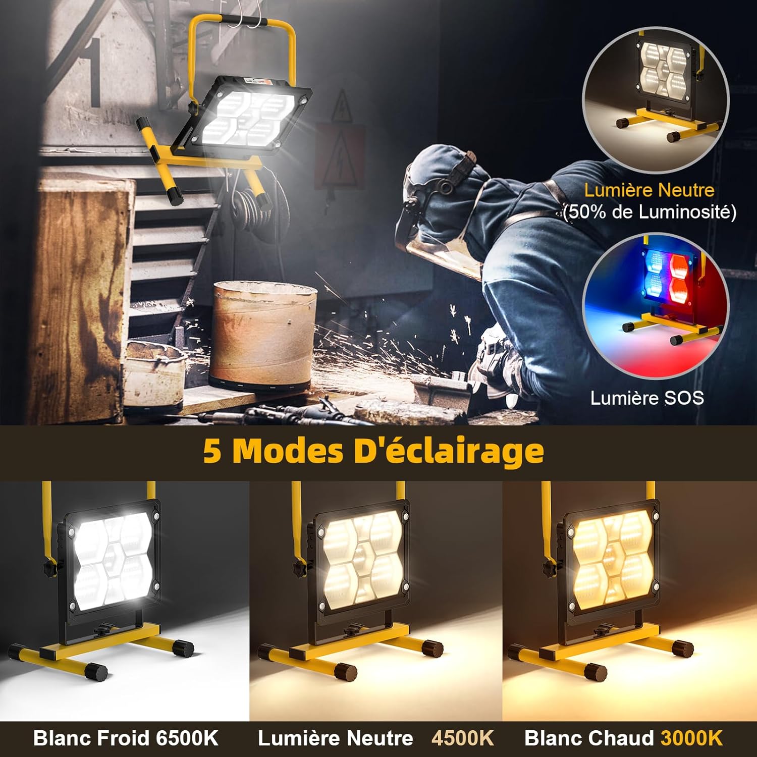 Projecteur LED Solaire Rechargeable 100W, Projecteur LED Chantier Portable avec 5 Modes D'éclairage, USB et 10000mAh Batterie, Lampe de Travail Étanchéité IP65 Pour Garage, Atelier, Cour