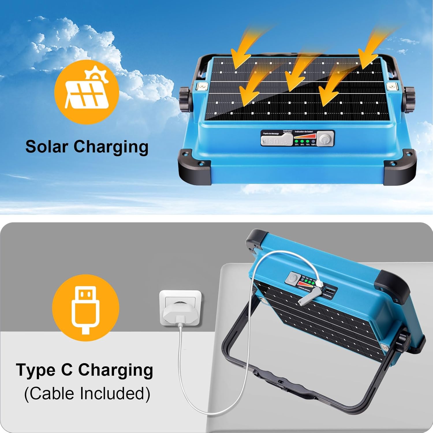 ErayLife Projecteur LED Rechargeable 100W, Projecteur LED Chantier Portable Batterie 10000mAh, Lampe de Travail 288 LEDs 5 Modes d'éclairage, Panneau Solaire, Absorption d'aimant pour Garage, Camping L - 288-Leds - Panneau Solaire