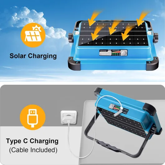 ErayLife Projecteur LED Rechargeable 100W, Projecteur LED Chantier Portable Batterie 10000mAh, Lampe de Travail 288 LEDs 5 Modes d'éclairage, Panneau Solaire, Absorption d'aimant pour Garage, Camping L - 288-Leds - Panneau Solaire