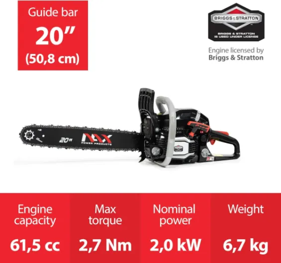 POWER PRODUCTS 500C moteur 61,5 cm3 2 kW Briggs & Stratton produit sous licence guide 20" 50,8 cm système anti-rebond Low Kickback tronçonneuse thermique scie à chaîne NAX500C