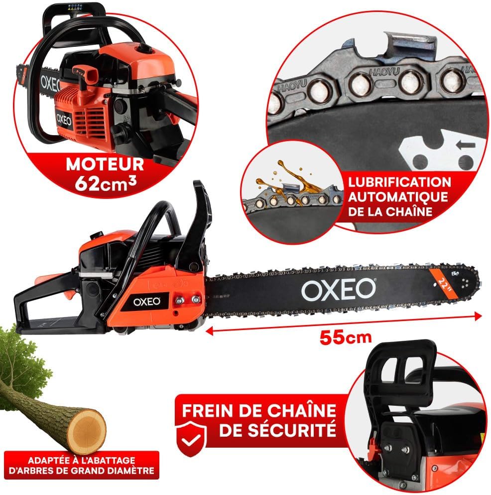 Tronçonneuse thermique - Cylindrée 62cm3 - Grand guide 22 pouces 55cm - 2 chaînes