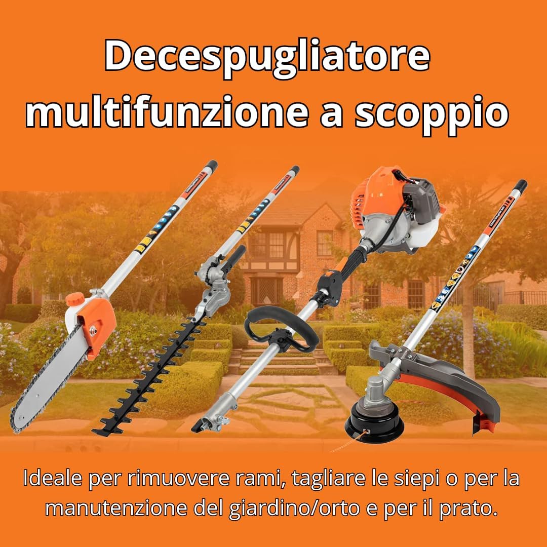 Débroussailleuse Thermique 4 en 1 52cc avec Tondeuse, Tronçonneuse, Taille-Haie e Coupe Bordures pour Le Jardinage