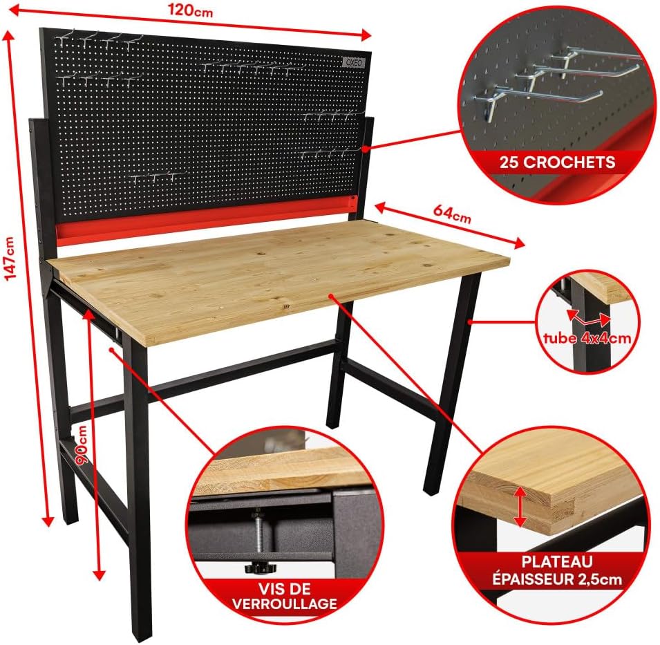 Établi d'atelier pliable mural - 120 x 64 x 147cm - Panneau acier perforé - 25 crochets - Plateau bois ép 25mm