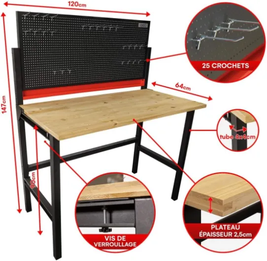 Établi d'atelier pliable mural - 120 x 64 x 147cm - Panneau acier perforé - 25 crochets - Plateau bois ép 25mm