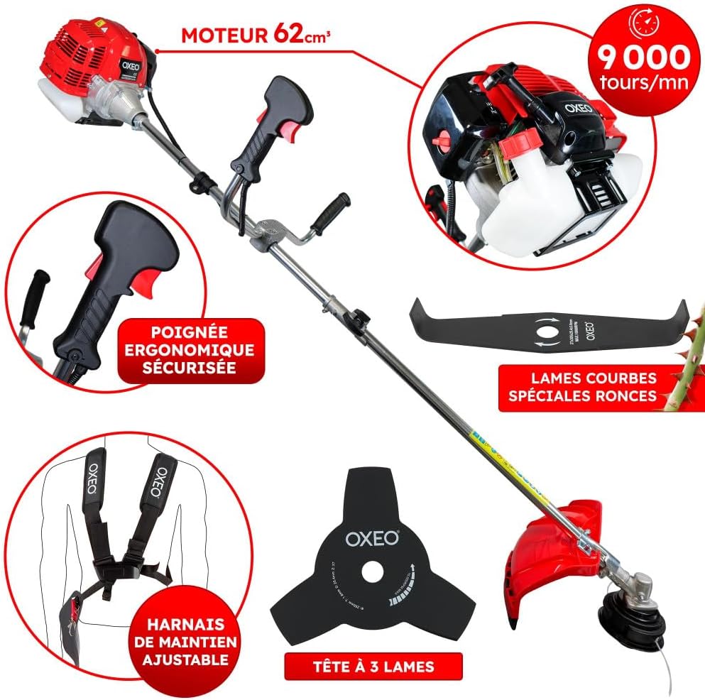 Débroussailleuse thermique - 62 cm³ - 2 temps - Débroussailleuse Essence - 2en1 - Coupe-bordure - Tête double fil et deux lames