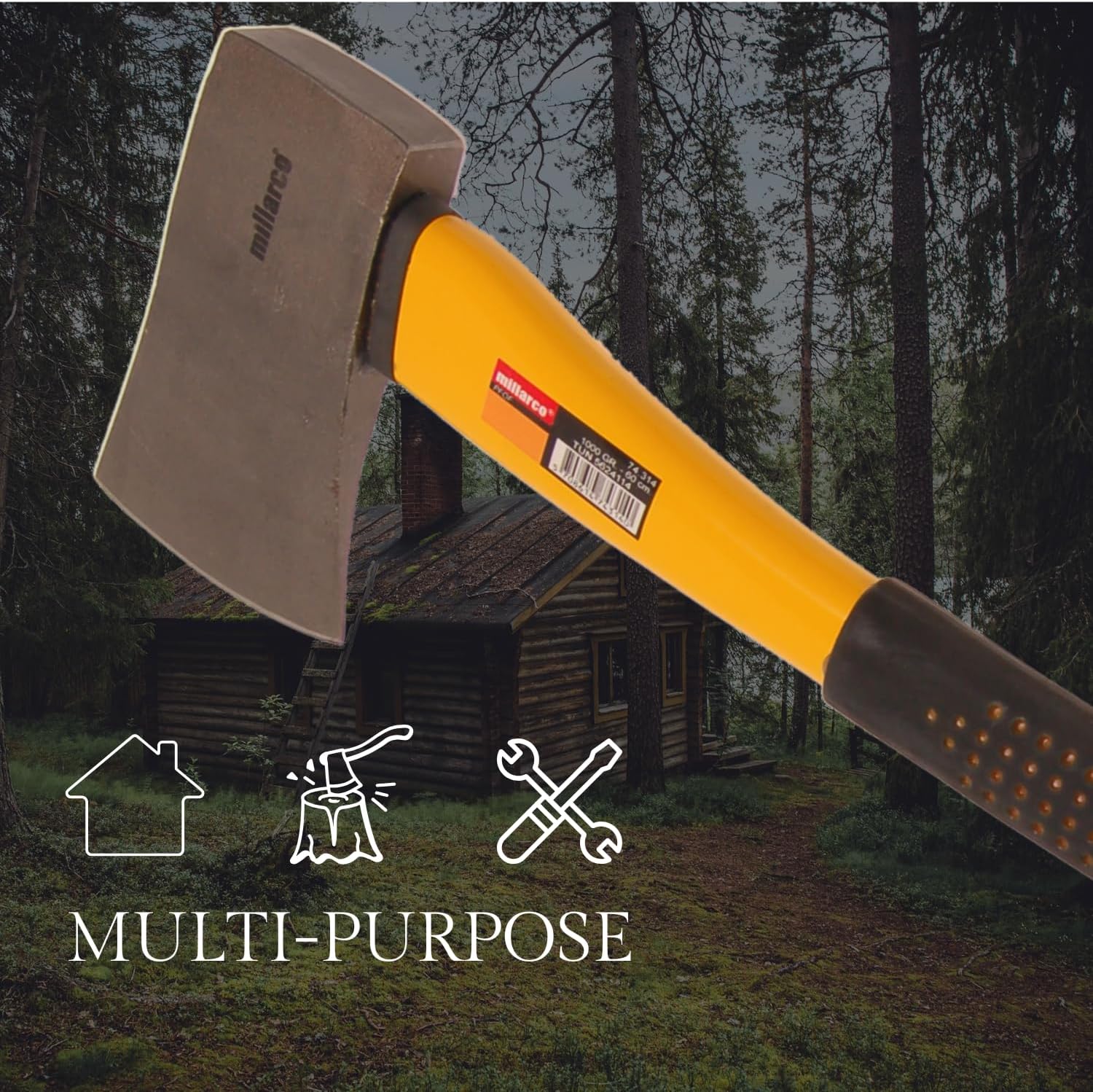 Home It® Hache de Fendage 1500 g – Manche en Fibre de Verre avec Poignée Antidérapante – 83 cm – Idéale pour Jardinage, Bois et Petits Abattages