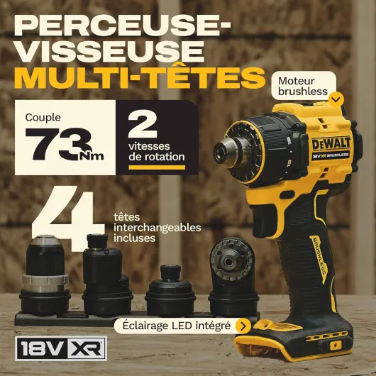 Perceuse-visseuse multi-têtes 18V XR avec 4 têtes interchangeables avec sac de rangement souple et jeu de porte-clés de vissage FLEXTORQ PH & PZ de 57 mm (10 pièces) - Outil seul, DCD803KN-XJ