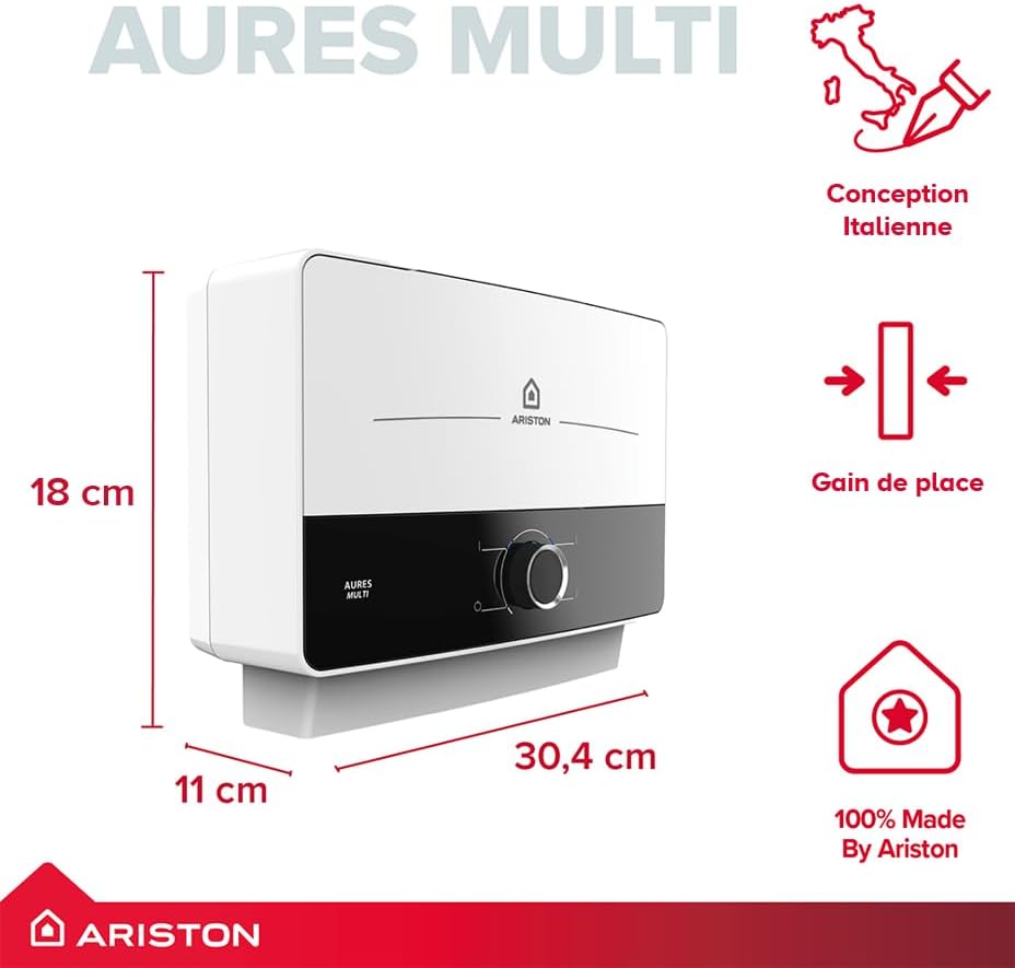 Aures Multi Chauffe-eau Électrique Instantané sans Réservoir 5kW - 3L/min - 220V 32A - Solution d'Appoint en Eau Chaude à Installer Sur/Sous Éviers de Cuisine, Lavabos, WC