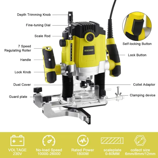 Défonceuse à Bois 1800W 10000-26000RPM avec Sac en Toile DEWINNER, Défonceuse Affleureuse électrique avec Set de 12 fraises à défoncer, 3 Pinces de 6/8/12 mm,7 Vitesses Variables DE-60125-FBB-FR1