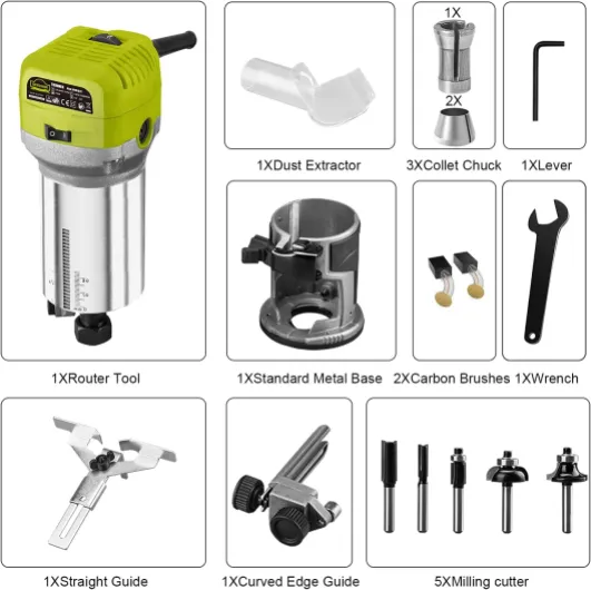 à Bois Défonceuse affleureuse électrique 710W 13000-33000RPM, 6 Vitesses Variables, 3 Pinces de 1/4" 6mm &8mm, profession plastifieuse avec Accessoires VPER1027