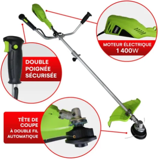 Débroussailleuse électrique 1400W - 2en1 - Coupe-bordure - Tête double fil - Tête universelle alu - lame 3 dents