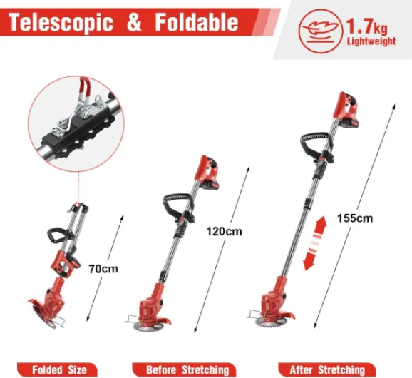 Débroussailleuse Électrique sans Fil 21V avec Roues – Coupe-Bordure Léger et Pliable, 3 Types de Lames, 2 Batteries 2.0Ah, Chargeur Rapide – pour Jardin, Pelouse, Herbe et Bordures (YKEU-CCJ) Rouge