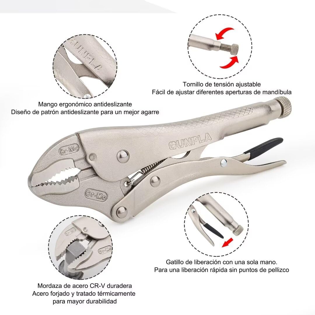 Gunpla CR-MO Pince de verrouillage à mâchoire incurvée 250 mm, poignées d'étau en alliage d'acier robuste avec poignée antidérapante pour serrage, torsion, préhension et fixation Outil multifonction