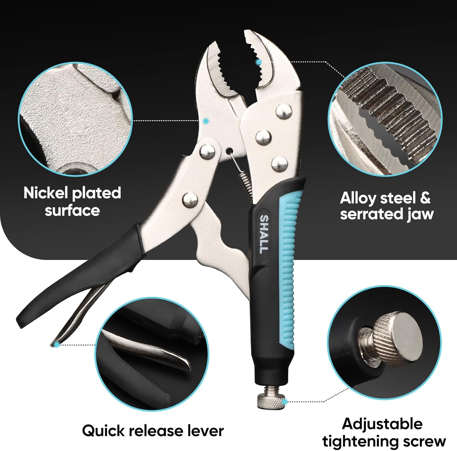 SHALL Lot de 6 pinces de verrouillage, pinces à étau à mâchoire incurvée de 12,7 cm, 17,8 cm et 25,4 cm, pince de verrouillage à long bec de 15,2 cm, poignée TPR bicolore, pochette enroulable incluse