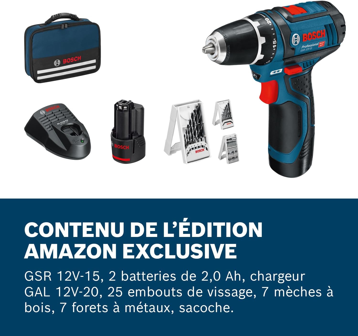 12V System perceuse-visseuse sans-fil GSR 12V-15 (avec 2 batteries 2,0 Ah, chargeur, set d’accessoires 39 pièces, sacoche d’outils) - Set Amazon Exclusive Amazon Exclusive, sac Avec Batteries (2x2.0Ah) + Chargeur