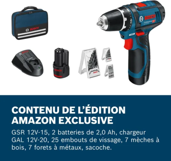 12V System perceuse-visseuse sans-fil GSR 12V-15 (avec 2 batteries 2,0 Ah, chargeur, set d’accessoires 39 pièces, sacoche d’outils) - Set Amazon Exclusive Amazon Exclusive, sac Avec Batteries (2x2.0Ah) + Chargeur