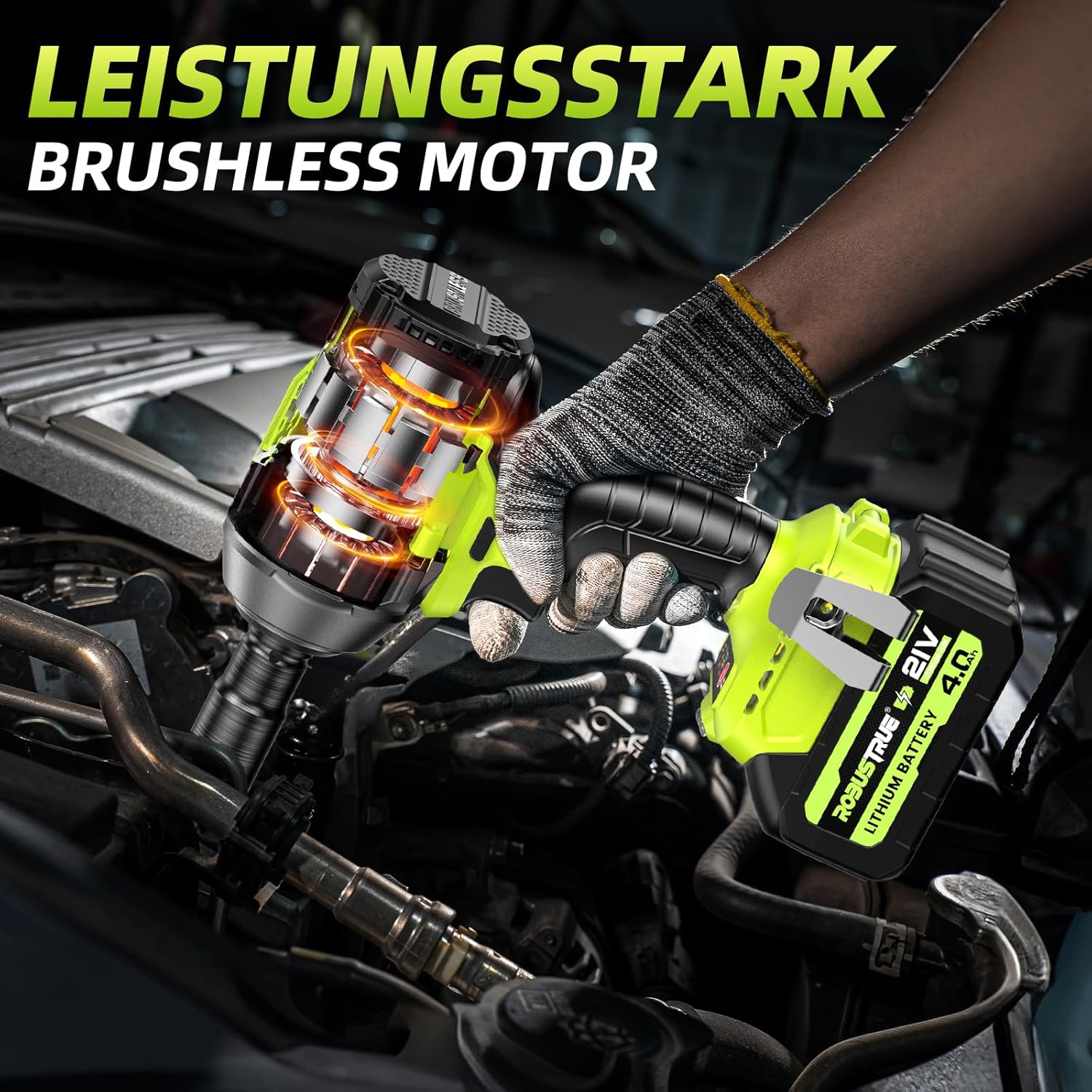 1100 N.m Clé à Chocs Sans Fil Brushless, 1/2' Boulonneuse a Choc deux 21V 4.0Ah Batteries, 4 Douilles à Chocs, Clé à Chocs Électrique pour Voiture Familiale/Camionnette/Tondeuse Vert1100