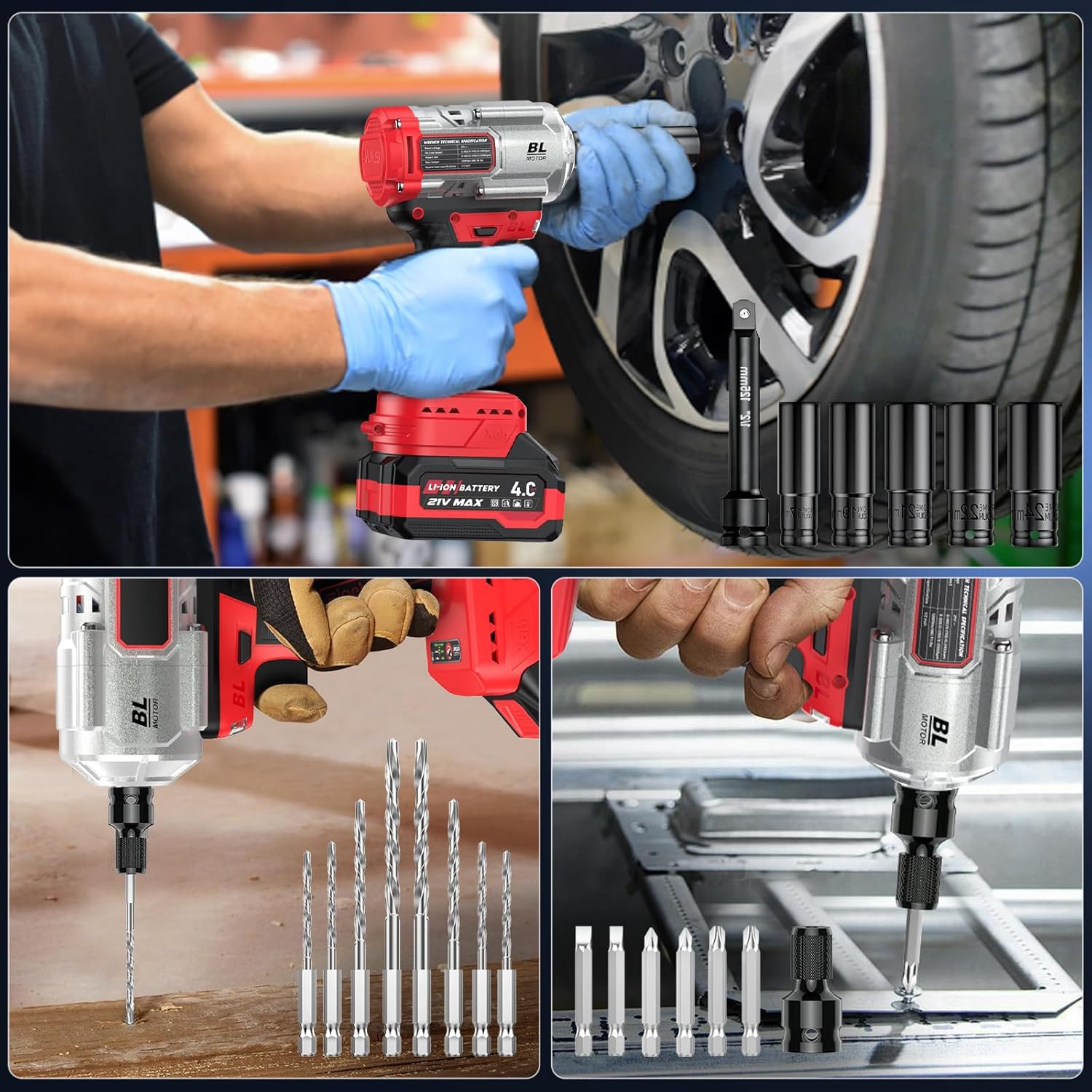 Clé à chocs sans fil 1200 Nm 3-en-1 / Visseuse à Chocs/Perceuse à Chocs – Couple Élevé 1/2" avec Moteur Brushless, 2× Batteries 4.0Ah, Douilles, Forets & Embouts – Idéal Auto, DIY & Travaux Rouge Noirâtre