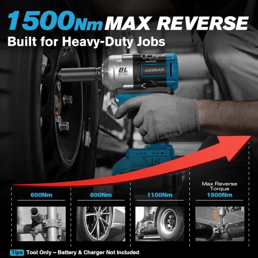 1500Nm Clé à Chocs Sans Fil 18V pour Batterie Makita, 1/2" Boulonneuse à Choc Sans Balai, Outil 3 Vitesses, Haute Puissance, Moteur Sans Balai pour Pneus, Vis Rouillées (Sans Batterie) Bleu