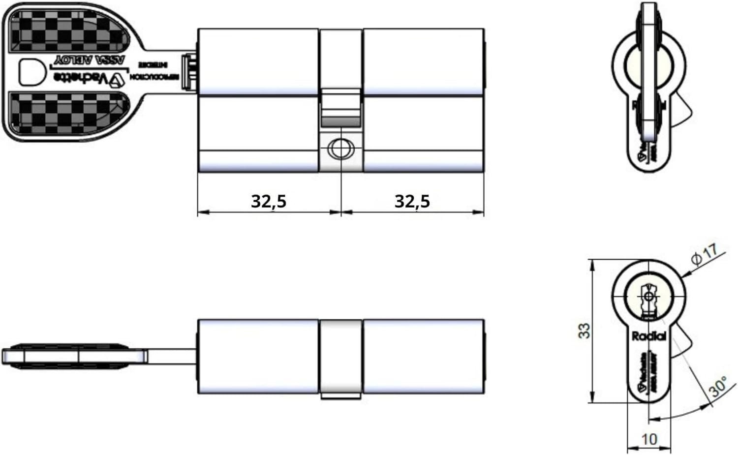 RADIALis - Cylindre de Serrure Débrayable SYNKRO 32,5x32,5 mm Inox, Sécurité Maximale, pour Porte extérieure, porte d'entrée - 4 Clés Incopiables, Carte de Propriété SYNKRO 32.5 x 32.5