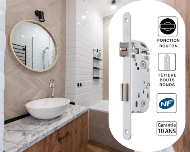Serrure à Encastrer à Condamnation Certifiée NF niveau 2, Axe à 40mm, Coffre 135mm - D23 - Réversible sans démontage, Têtière bouts ronds Verrouillage 1 tour - Porte Salle de bain, WC - Blanc WC, Salle de bain Blanc Intensif - NF