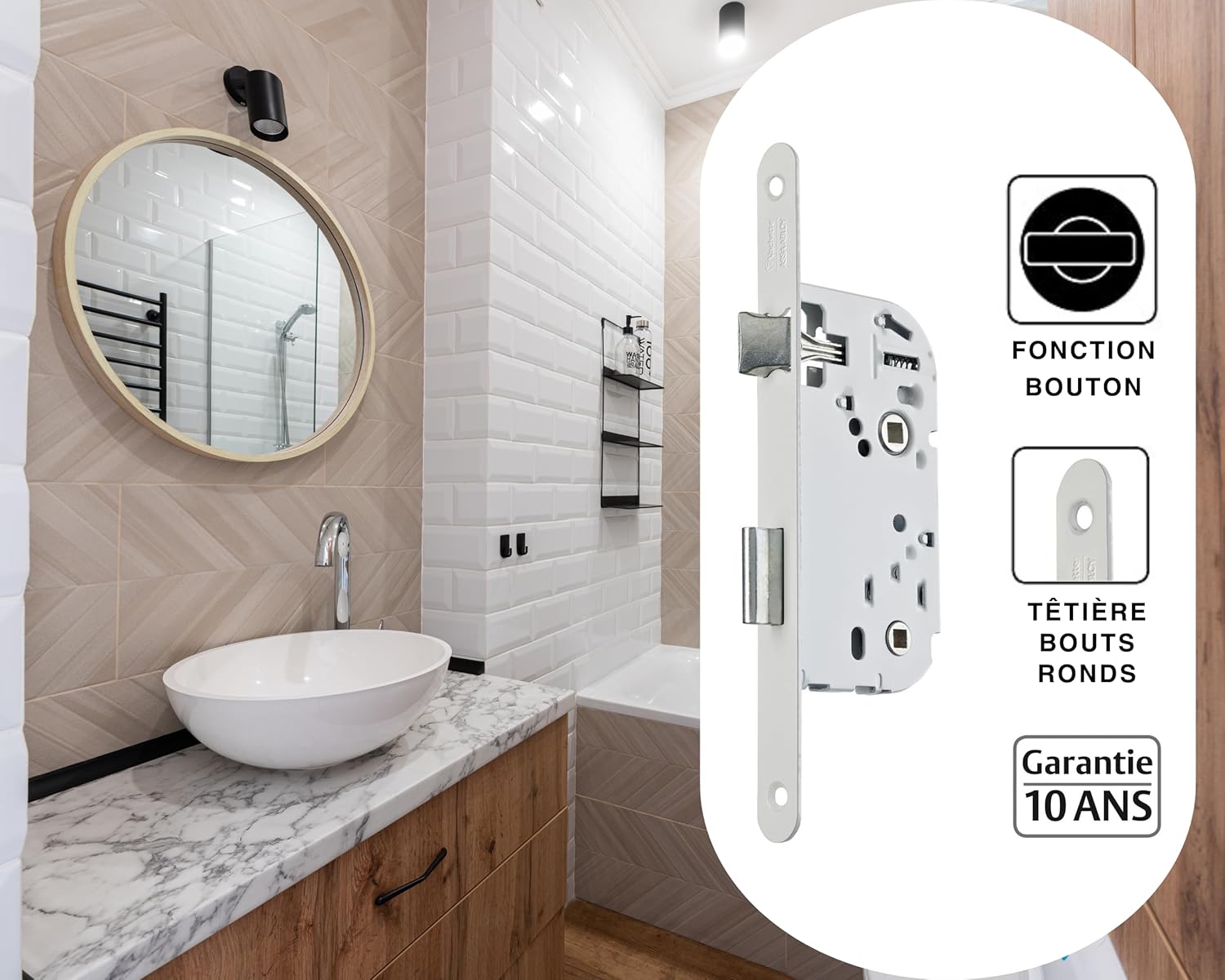 Serrure à Encastrer à Condamnation, Axe à 40 mm, Coffre 135 mm - D13 - Réversible sans démontage, Têtière bouts ronds - Pour Porte de Salle de Bain et WC- Blanc, Gâche inclus WC, Salle de bain Blanc Résidentiel