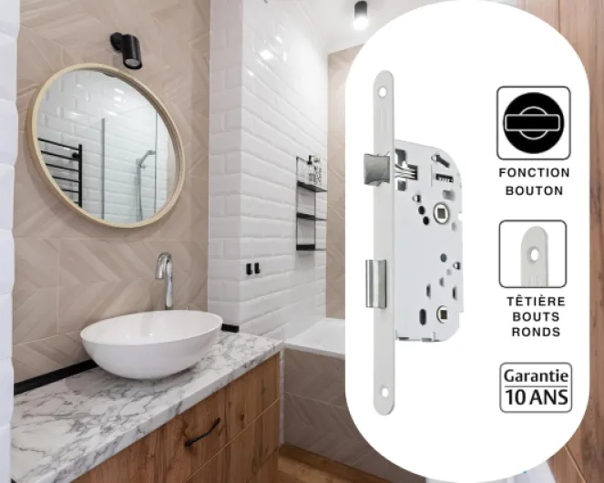 Serrure à Encastrer à Condamnation, Axe à 40 mm, Coffre 135 mm - D13 - Réversible sans démontage, Têtière bouts ronds - Pour Porte de Salle de Bain et WC- Blanc, Gâche inclus WC, Salle de bain Blanc Résidentiel