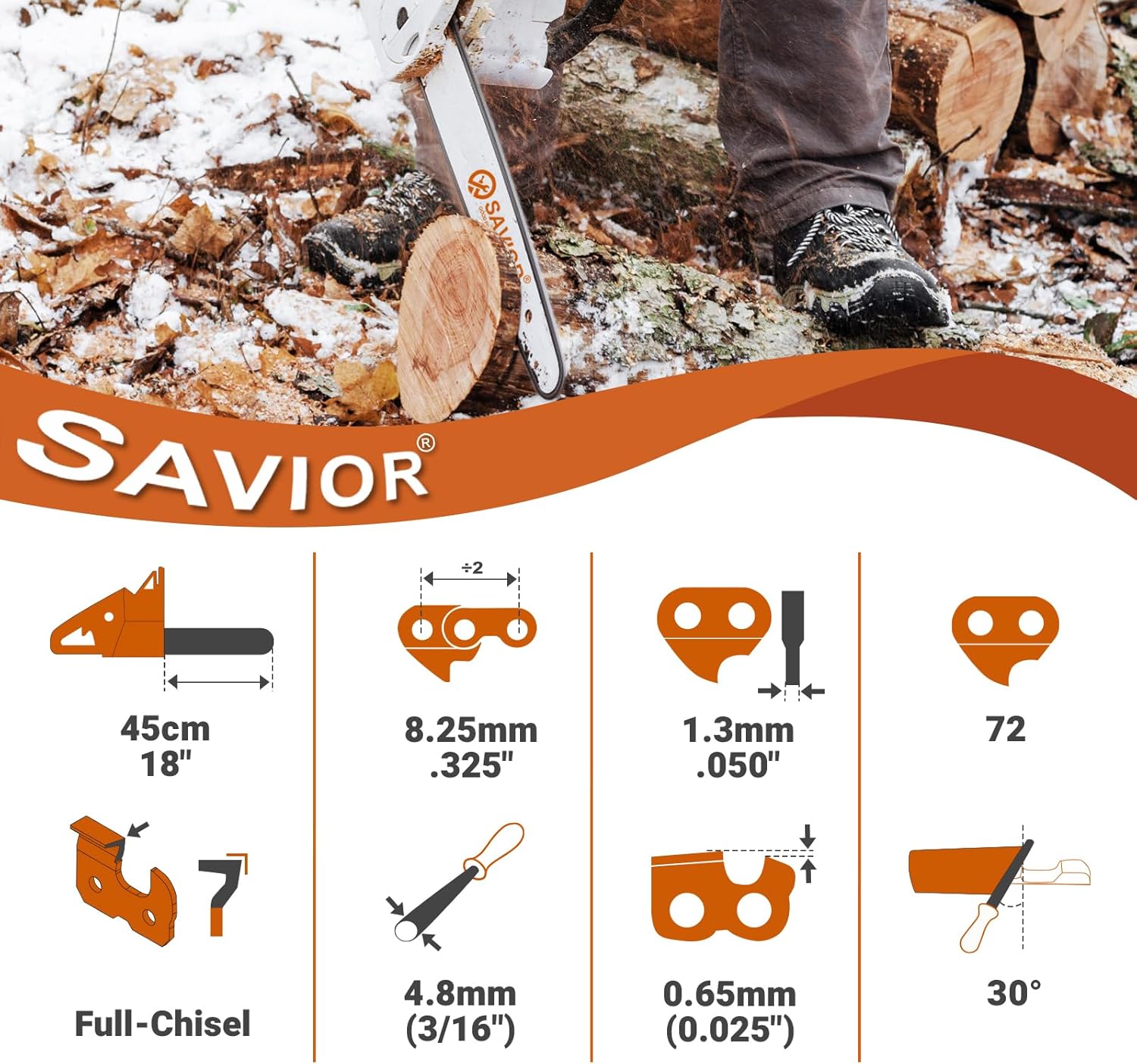 Lot de 3 Chaînes de Tronçonneuse Faible Rebond .325" 72 maillons 1,3 mm 45 cm Compatible avec Husqvarna, Dolmar, Ryobi et Oregon .325" 0.050" 72TG 18" X3