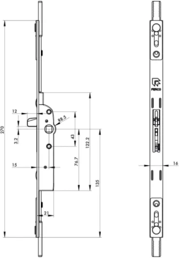 FERCO by THIRARD - Crémone Ouvrant à La Française - Réversible - Ajustable - Panneton Central - Verrouillage Sécurisé - Hauteur 270 mm - Pour Fenêtre Bois - Axe 15 mm - Têtière 16 mm - Gris