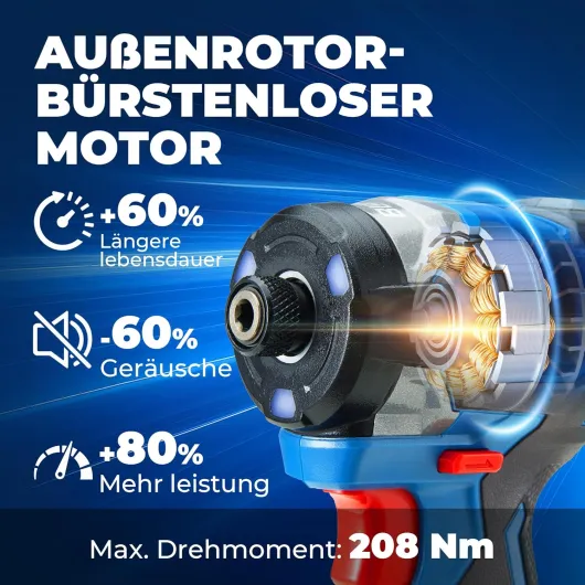 Visseuse à Chocs 18V sans Balais, 208Nm, Mode Auto-taraudeur, 3200 tr/min, 4300 cps/min, Mandrin 1/4" Hex, 3 Vitesses, avec 2 Piles 2,0 Ah