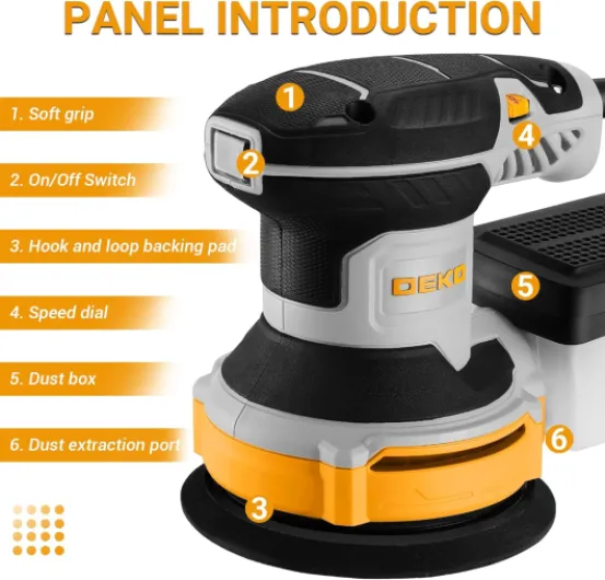 300W Ponceuse Orbitale Excentrique, 6 Vitesses, 14000RPM, Papier Abrasif 16 Pièces, Patin de Ponçage 125mm, Collecteur de Poussière, pour Surfaces en Bois et Acier, Jaune-gris Ponceuse Gris