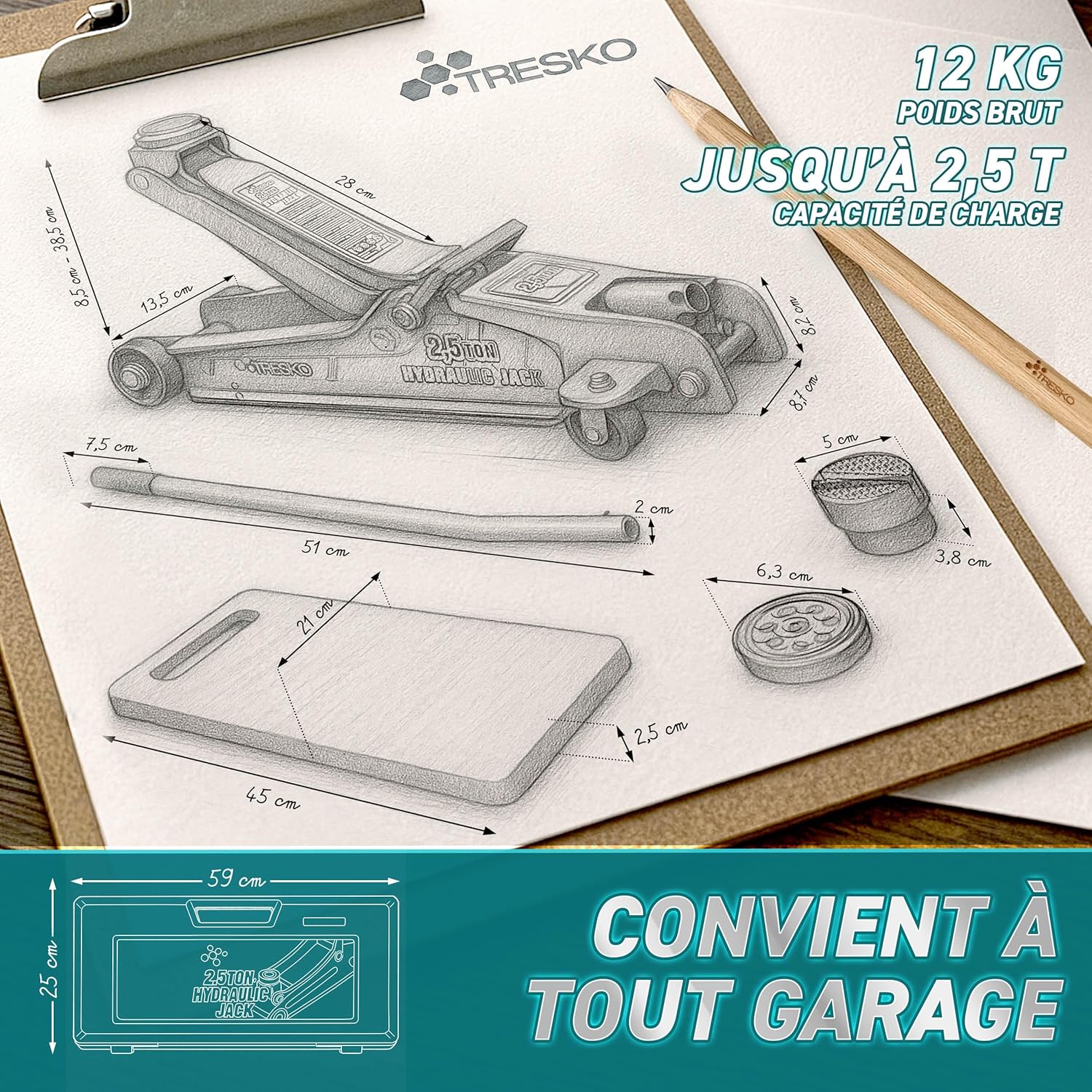 TRESKO Cric hydraulique 2,5 t - Hauteur de levage 85-385 mm - Avec mallette - Cric hydraulique plat pour voitures surbaissées - Roues à 360° avec 2 patins en caoutchouc, tapis de genoux, gants Noir 2,5 Tonnes