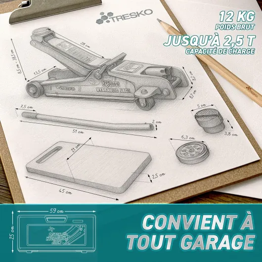TRESKO Cric hydraulique 2,5 t - Hauteur de levage 85-385 mm - Avec mallette - Cric hydraulique plat pour voitures surbaissées - Roues à 360° avec 2 patins en caoutchouc, tapis de genoux, gants Noir 2,5 Tonnes