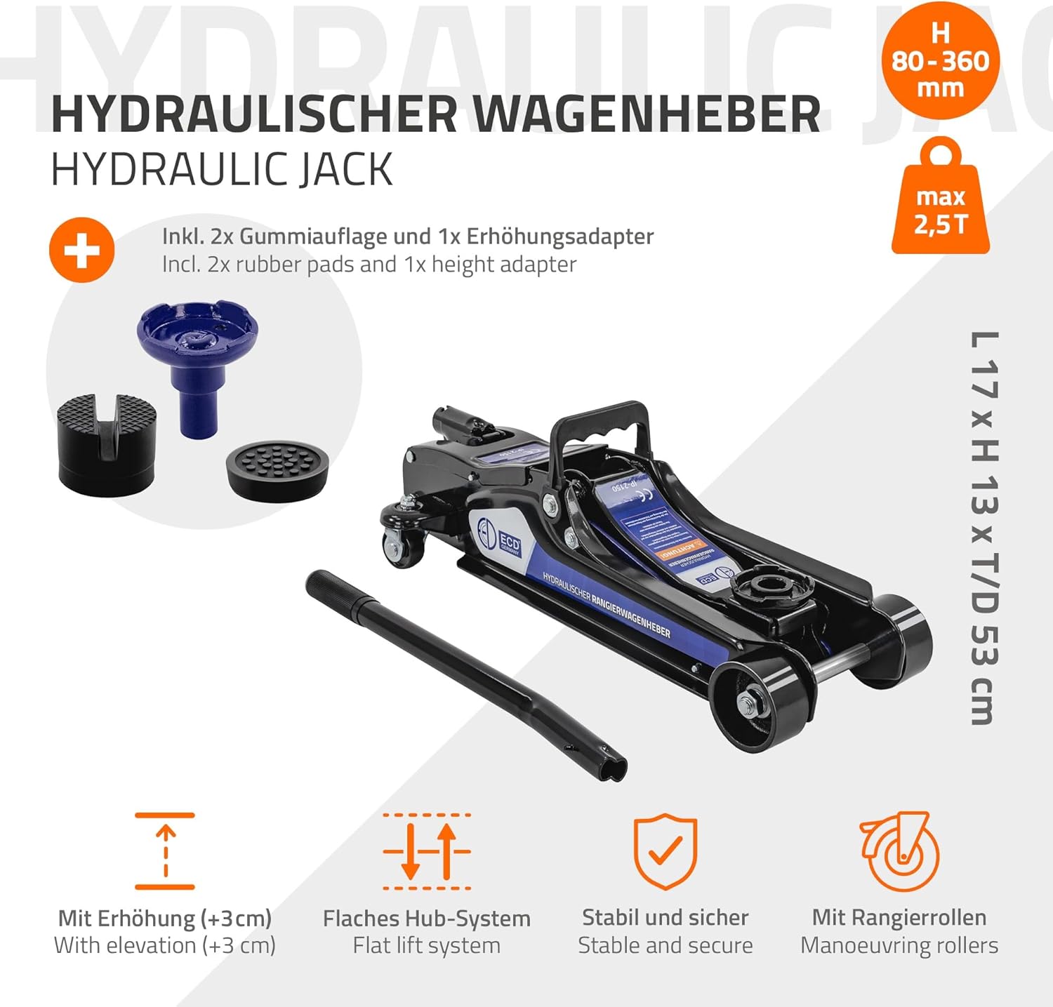Cric Rouleur Hydraulique 2,5 Tonnes Hauteur de Levage Plate 80-360 mm avec 2X Patins en Caoutchouc et Adaptateur SUV Voiture Roues Pivotantes 360° Levier Manuel Pneu Équipement Stable Noir