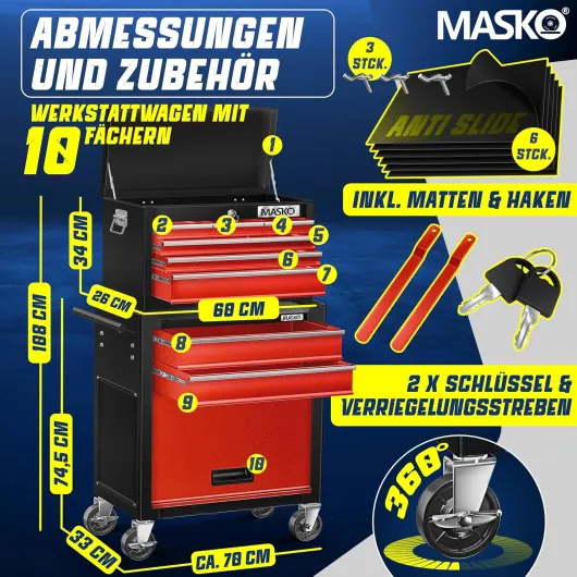Masko® Chariot d'atelier avec Coffre : 9 Compartiments, verrouillable, métal Robuste - Chariot à Outils sans Outils - Chariot pour Le Rangement des Outils avec Serrure, Rouge Rot