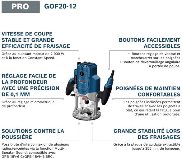 Défonceuse filaire GOF 20-12 (puissance d’entrée 2 000 W, avec raccord d’aspiration, guide coulissant et butée parallèle, broche de centrage, clé à douille, pince de serrage)