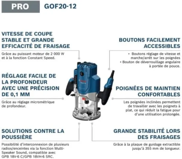 Défonceuse filaire GOF 20-12 (puissance d’entrée 2 000 W, avec raccord d’aspiration, guide coulissant et butée parallèle, broche de centrage, clé à douille, pince de serrage)