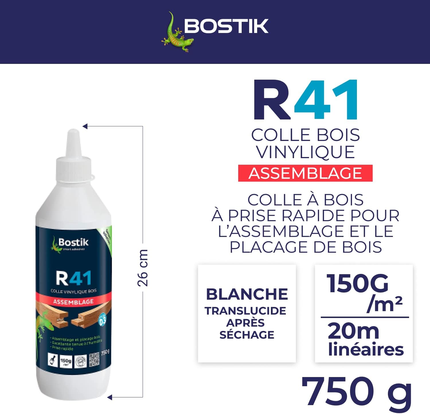 Colle Vinylique Bois R41 - Colle à Bois Prise Rapide - Colle d'Assemblage et de Placage du Bois - Colle D3 Menuiseries Intérieures et Extérieures Abritées - Blanc - Biberon de 750 g 750 g Biberon